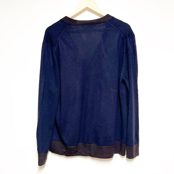 CARDIGAN Brand 100% Merino Wool Boyfriend Button Cardigan Navy/ Brown Sz L - Picture 2 of 5